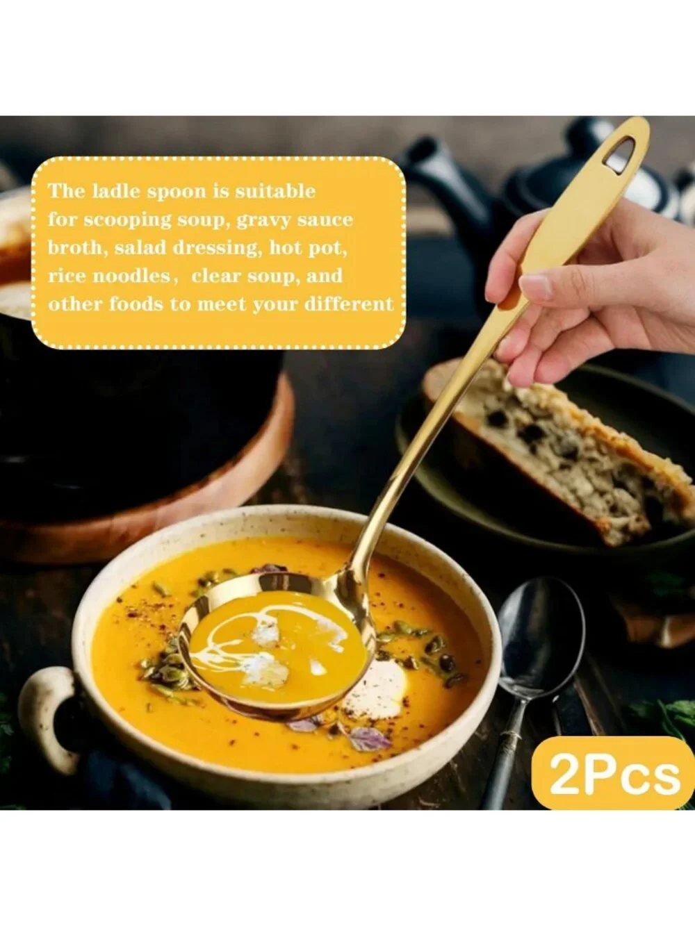 2Pcs Gold Stainless Steel Soup Ladles - Long Handle Serving Spoons for Cooking